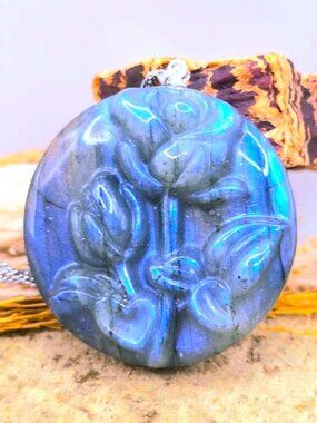 Labradorite Rose Carving Pendant • 1.5" Double Rose Necklace • Crystal Angel